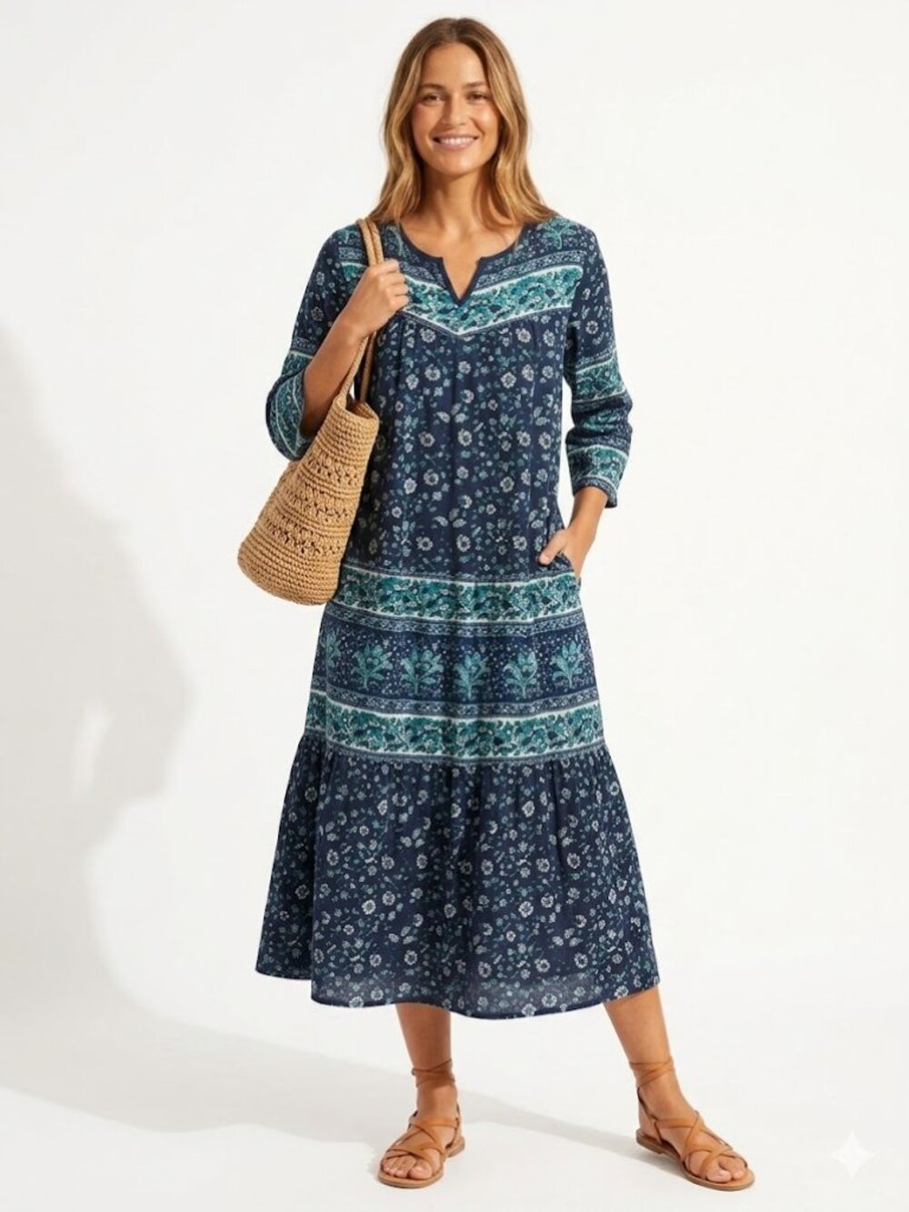 La Cera Blue Floral Patchwork Tiered Cotton Midi Dress Pockets L